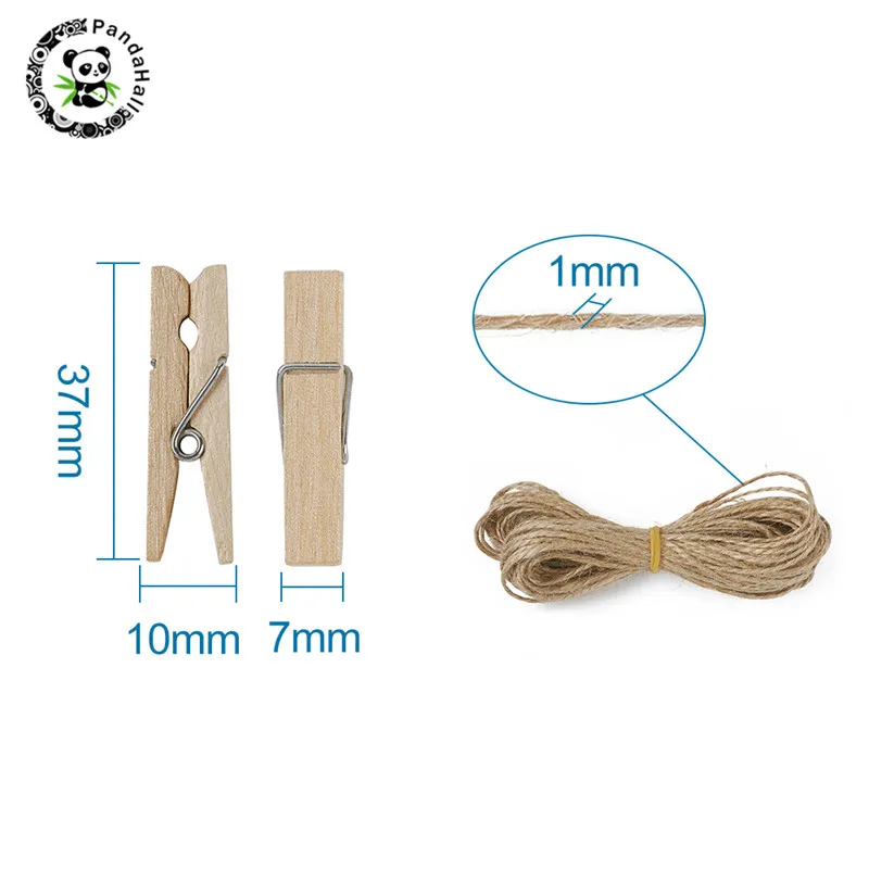

pandahall 1Set Wooden Clothes Photo Paper Peg Pin Clothespin Clips and Hemp Cords for DIY Jewelry Making 35x7x10mm