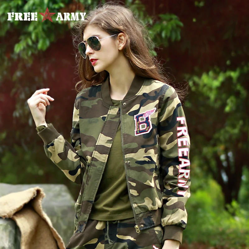 

FREE ARMY Women Bomber Jackets Coat Autumn Short Jacket Military Mandarin Collar Jacket Camouflage Cotton Female Outerwear Coats