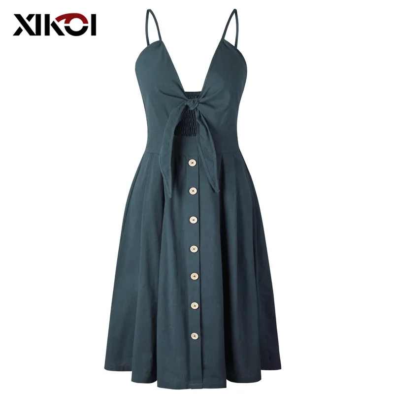 XIKOI Causal Backless Summer Dress Hollow Out Bow Midi Women Female Spaghetti Strap Sundress Print Button 2021 vestidos | Женская одежда