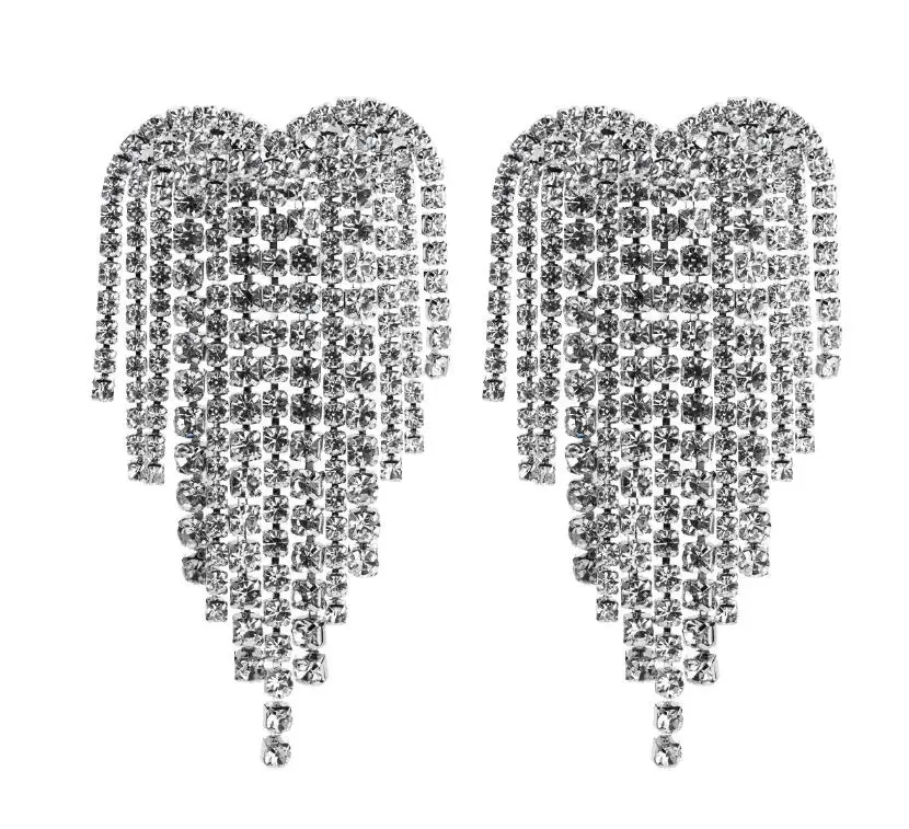Silver KMVEXO Кристалл Сердце Длинные серьги с бахромой Стразы Висячие большие болтающиеся серьги для женщин Свадебные серьги Новинка - Окраска металла: Silver