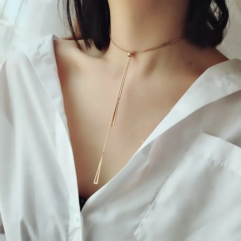 Корейская мода розовое Золотое треугольное ожерелье с кисточками из титановой