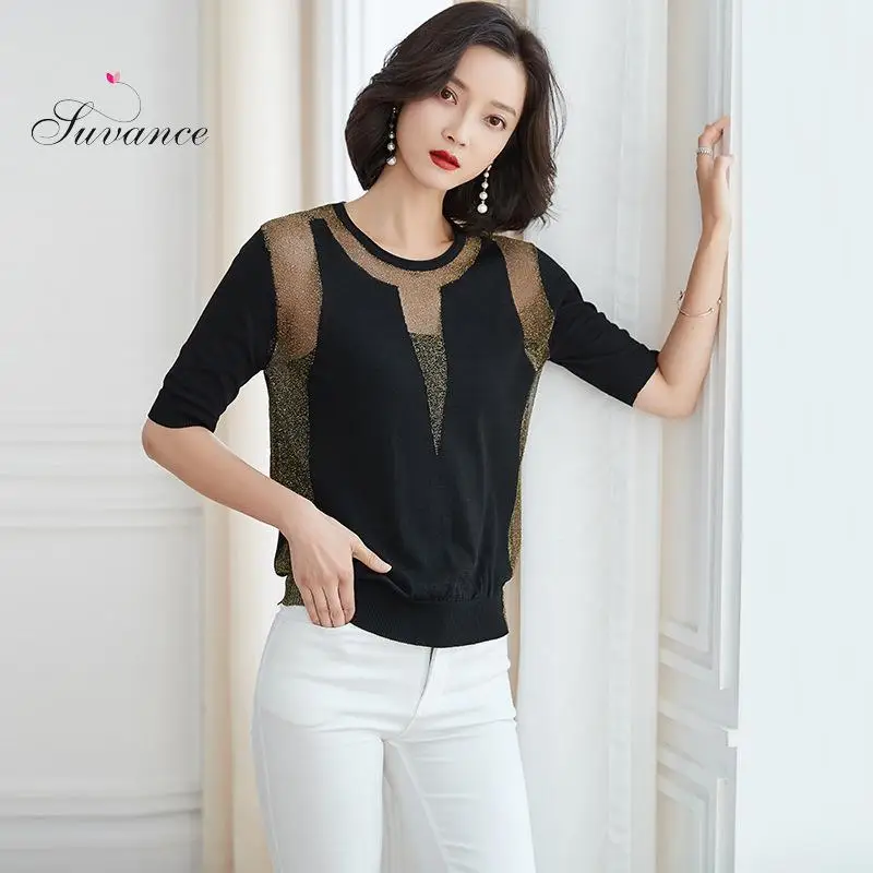Suvance 2019 летний офисный Женский вязаный черный тонкий пуловер с круглым вырезом s-xl
