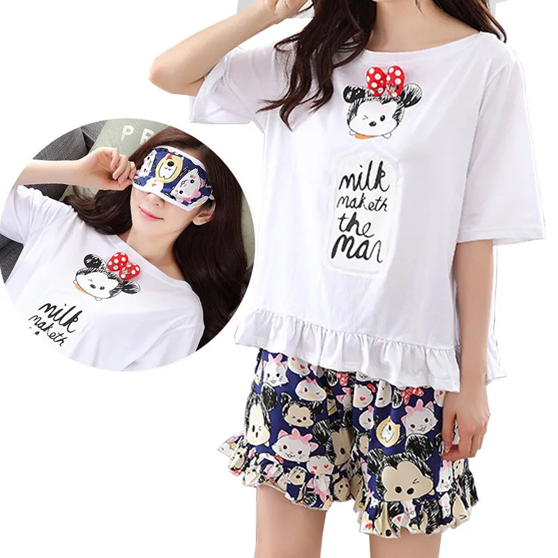 Милая Хлопковая пижама с Микки Маусом комплект для женщин Лето 2017 свободные