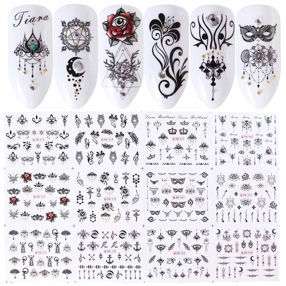12 Designs Flamingo Water Nail Art Sticker Black Flower Necklace Decal Leaf Beauty Decoration For Manicure Set SABN913-972 | Красота и