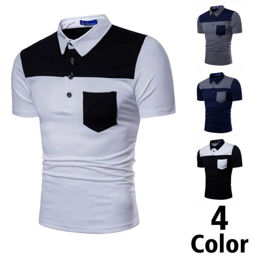 

Great Men's Contrast Colors Show Slim Short Sleeve T-Shirt Top Large Size Lapel POLO Shirt Men's Pocket T-Shirt Polo Shirt Men