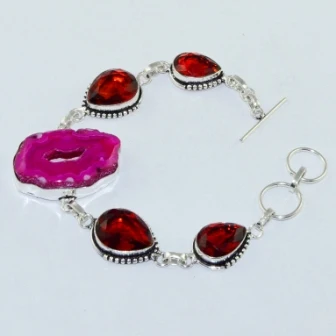 

Solar Quartz & Garnets Silver Overlay on Copper Bracelet , 20 cm, B1602