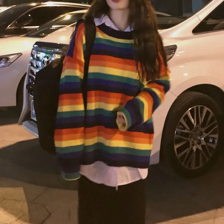 Women's Clothing Cute Kawaii Loose Colorblock Striped Rainbow Sweater Lady Harajuku Ulzzang Sweaters For Women Pullover Knitted | Женская