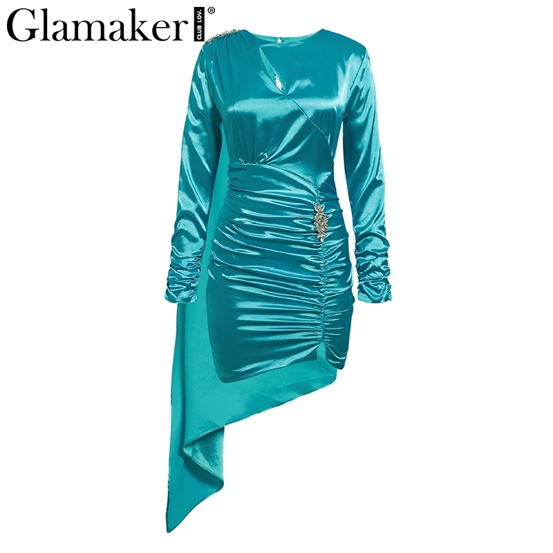 Glamaker, сексуальное Плиссированное сатиновое платье с длинным рукавом, женское, элегантное, короткое, мини платье, вечерние, для клуба, бодикон, ночное платье, festa vestidos