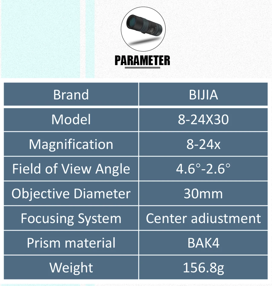 BIJIA 8-24x30 Professional HD Zoom Monocular High Quality Pocket Hunting Telescope Optical BAK4 Prism with Tripod Interface
