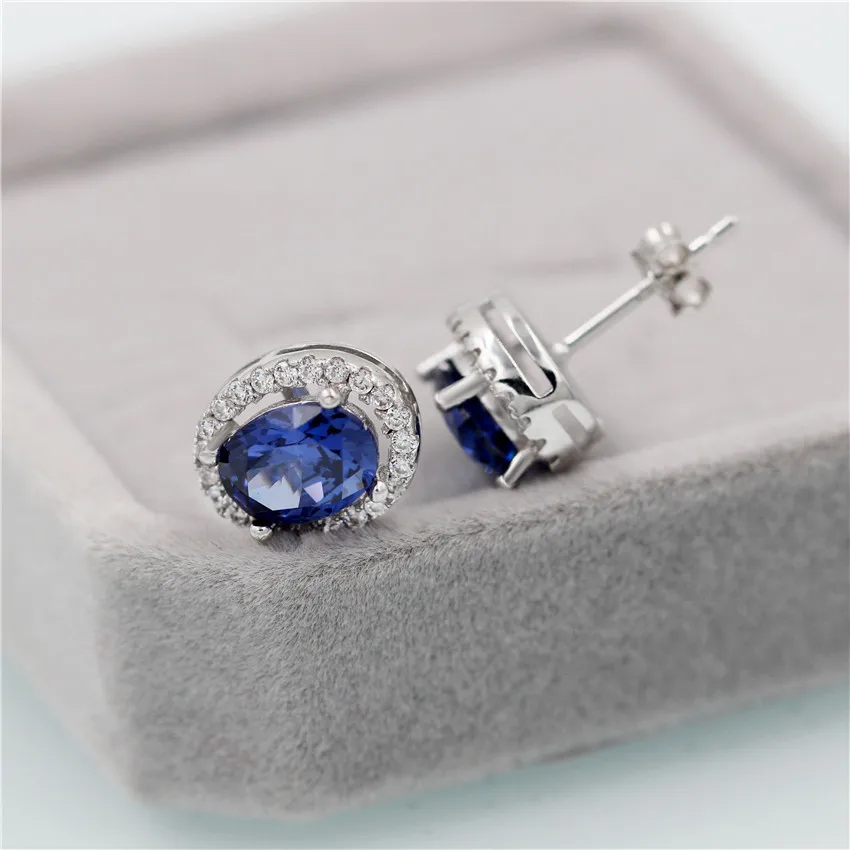 Almei New Arrival 925 Sterling Silver Round Earrings Stud Luxury Blue Topaz Earring Boucle D'oreille Femme Free Box 40% FR007 |