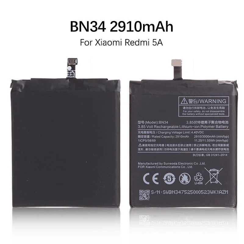Оригинал Аккумулятор для XIAOMI Redmi 5A BN34 2910mAh|Аккумуляторы мобильных телефонов| |
