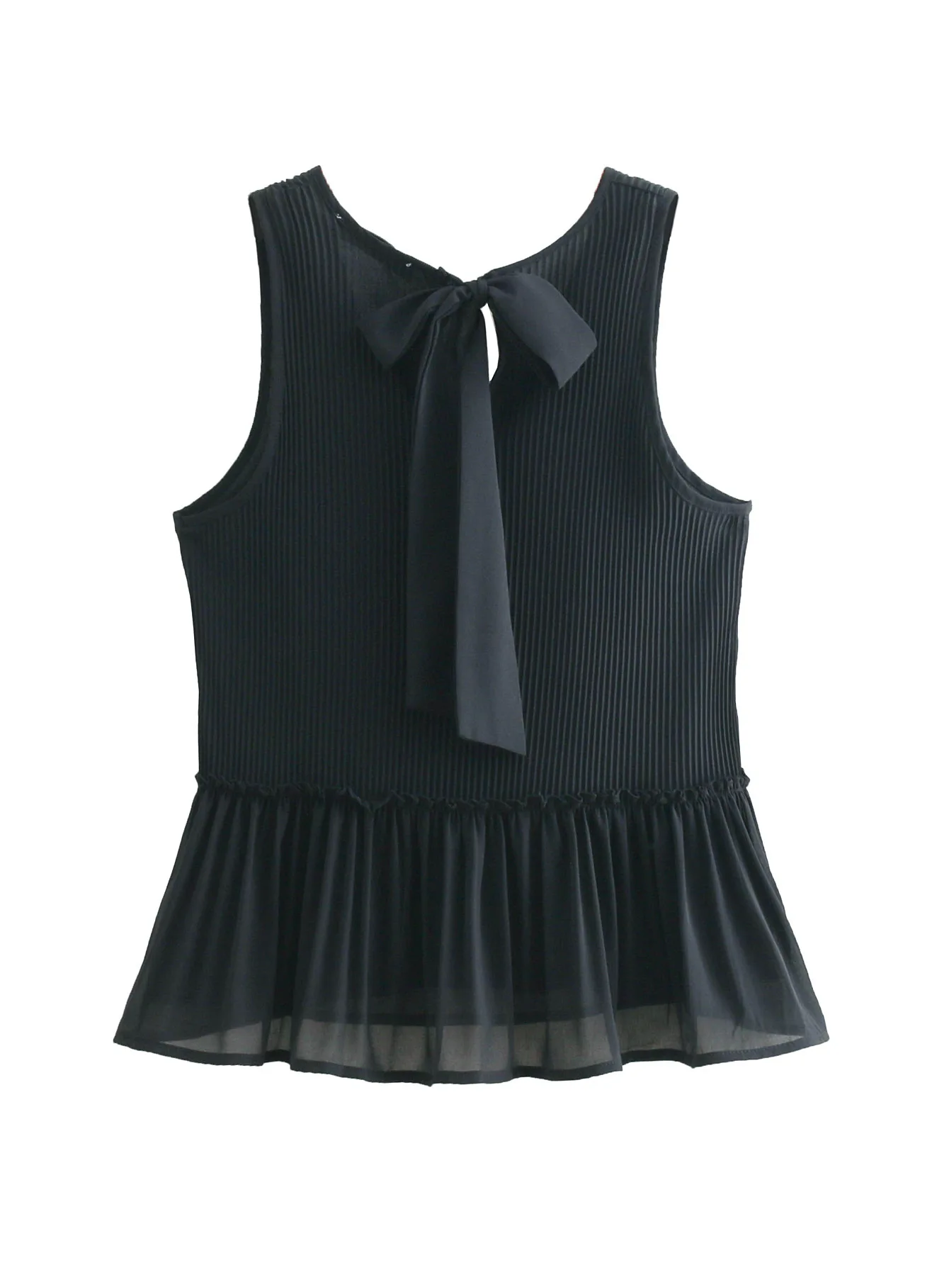 Women black white V neck blouse chiffon pleated sleeveless female casual shirts sweet solid chic summer tops blusas |