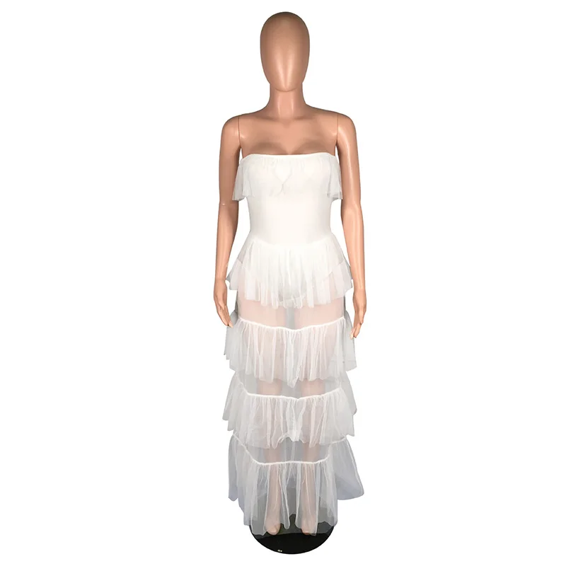 Женское многослойное платье с оборками белое прозрачное Сетчатое без рукавов и