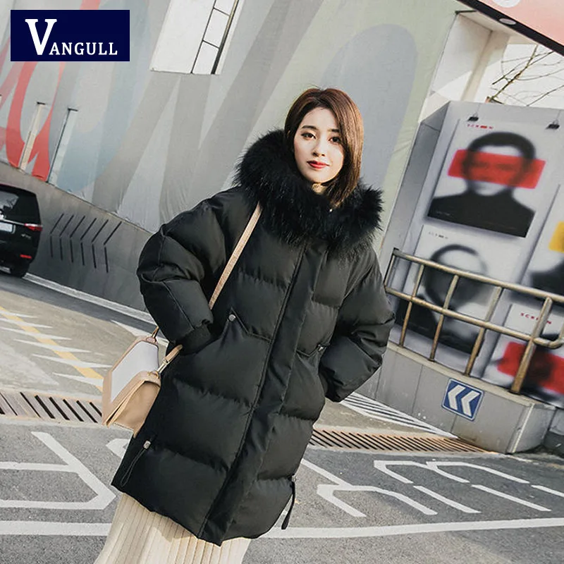 Черный VANGULL Elegant Fur Collar Coat New Winter Thick Jacket Women Long Down cotton Parkas Female Warm Hooded Jacket Coat - Цвет: Черный
