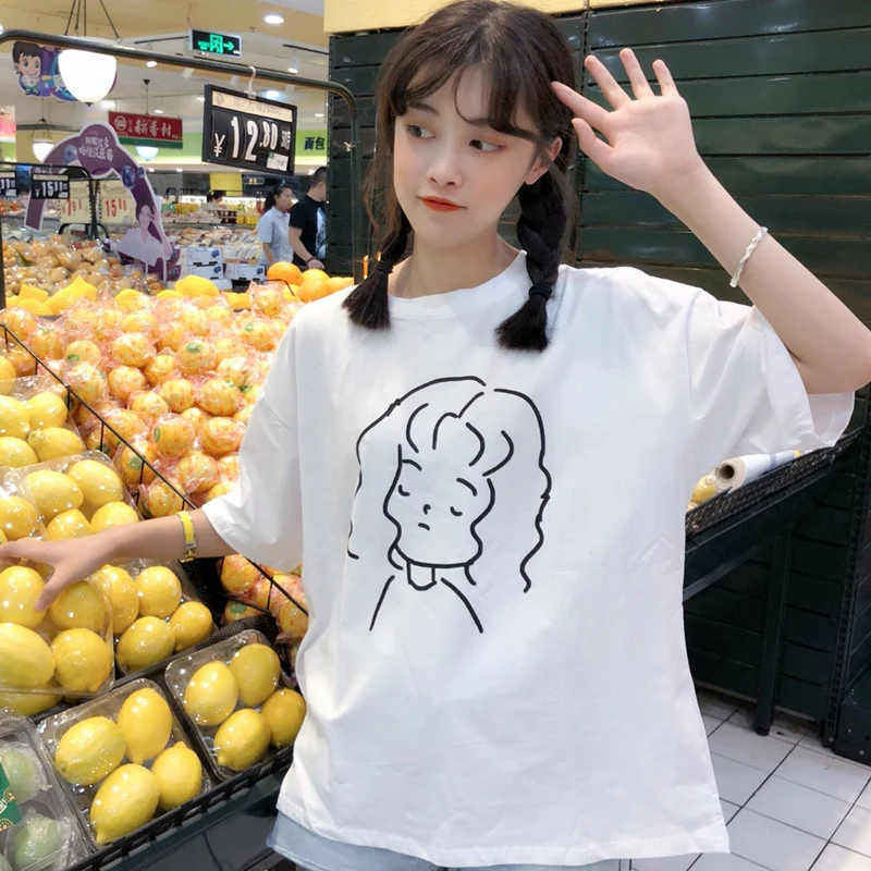 Летние женские свободные футболки с мультяшным принтом для девушек корейские