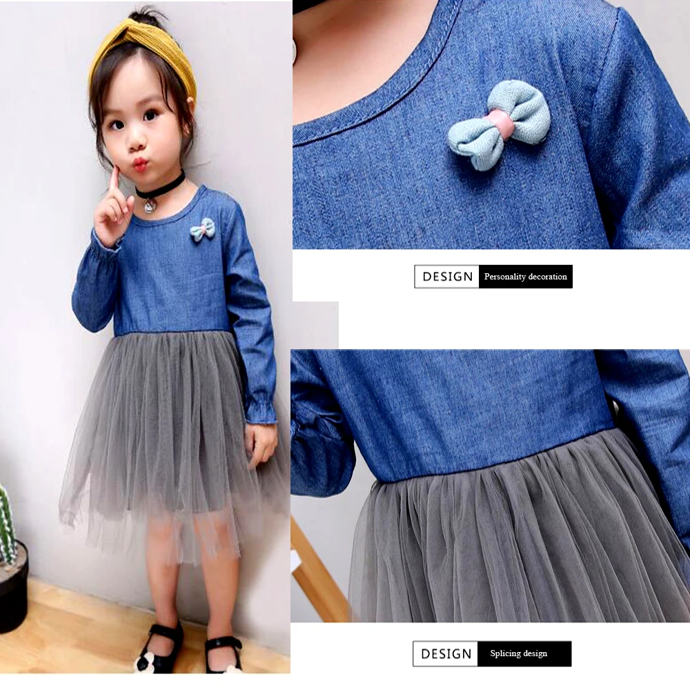 Spring and autumn new children's long-sleeved dress girls cowboy mesh princess | Детская одежда и обувь