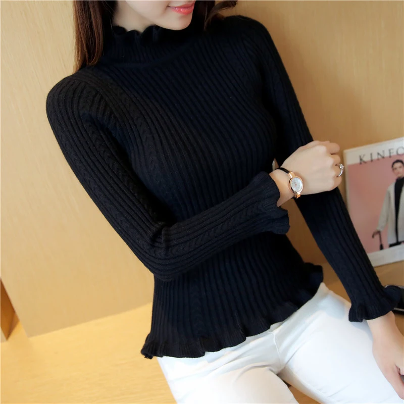 Shu love Princess 2021 autumn new Korean long sleeved black fungus semi turtleneck slim shirt knit sweater | Женская одежда