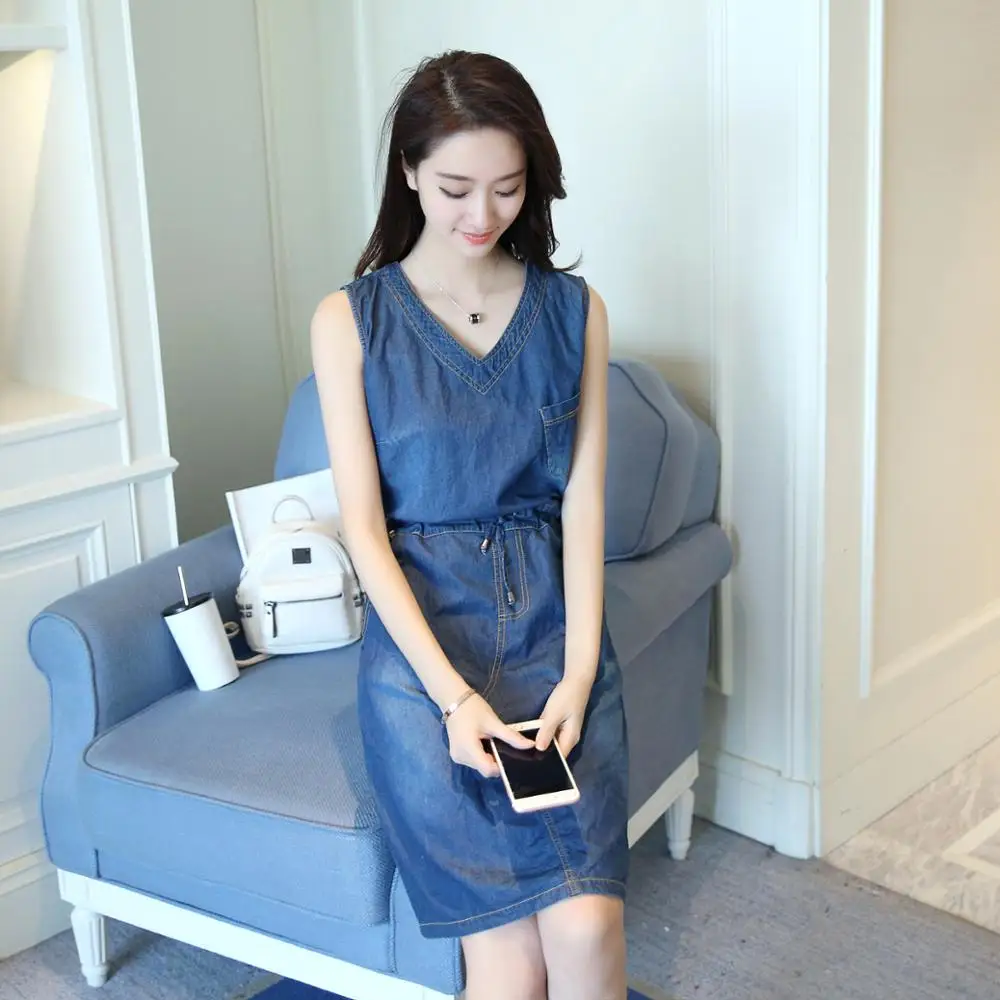 Новинка лета 2017 платье без рукавов облегающее повседневное джинсовое