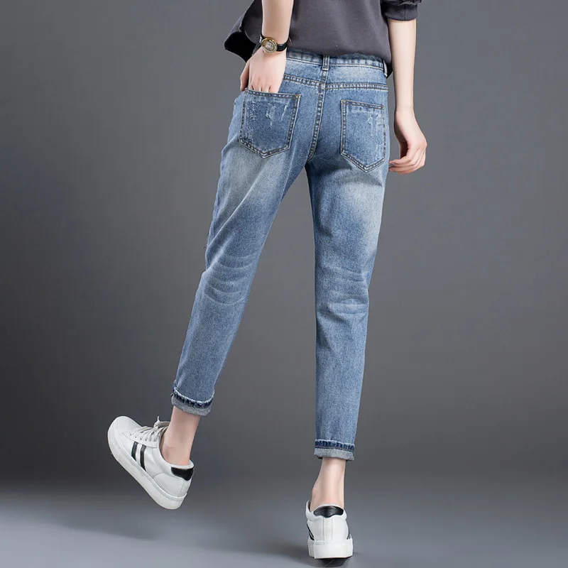 Джинсы бойфренда для женщин повседневные вышитые нашивки узор брюки pantalon femme