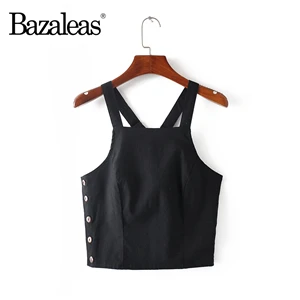 W2512 black Bazaleas, шикарные, боковые пуговицы, модные, женские, Обрезанные, Ретро стиль, открытая спина, крест, для женщин, камзол, хлопок, кроп-топы, повседневные, Прямая поставка - Цвет: W2512 black