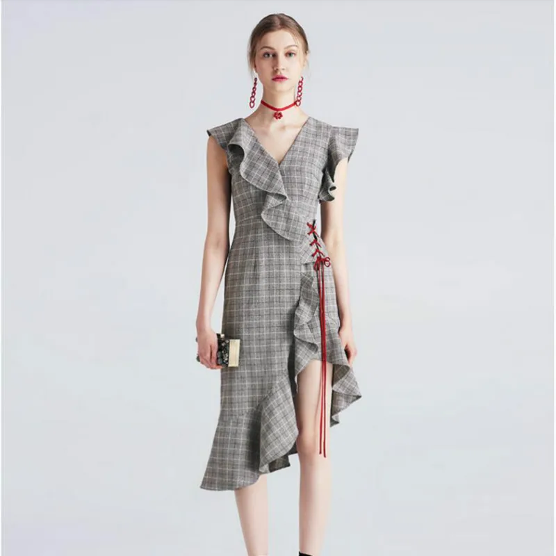 

New Summer Party Dresses Women Ruffles Plaid V neck Gray dress for girls High Quality Clothing Free Shipping