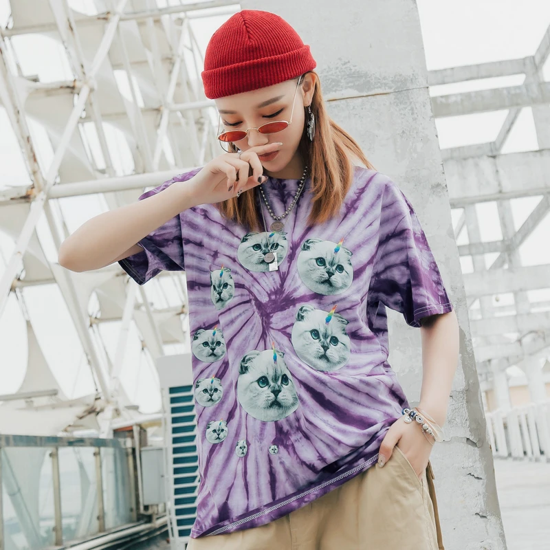 Кошка с принтом пейсли Tie Dye футболки Для женщин Круглый шеи хип хоп футболка