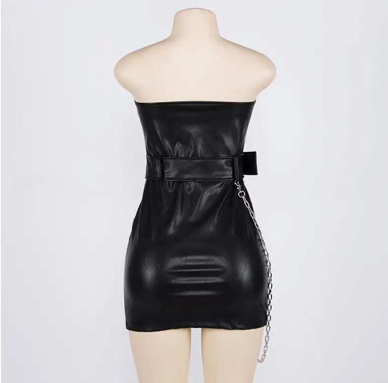 

2019 Women Leather Dress Soft PU Faux Leather Dress Strapless Sexy Slim Retro Black Short Mini Dress vestido de festa YME-013