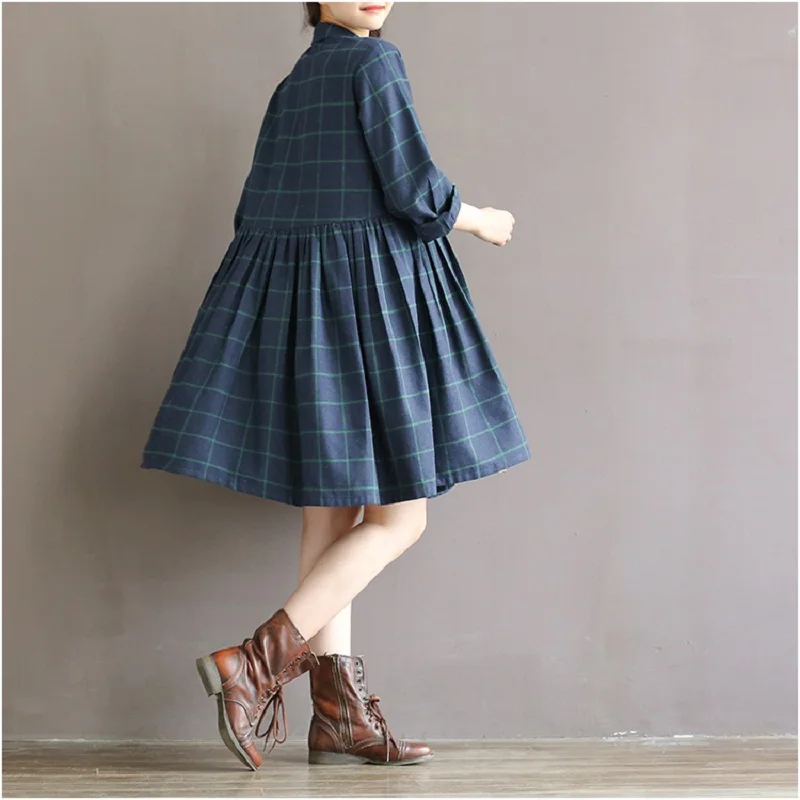 2019 весна осень vestidos Повседневная свободная талия клетчатое платье Хлопок Плюс