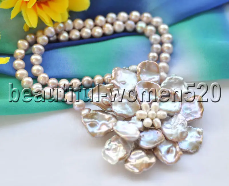

Z8954 Handmade 80mm White Lavender Lamina Keshi Reborn Pearl Flower Necklace Pendant 18inch