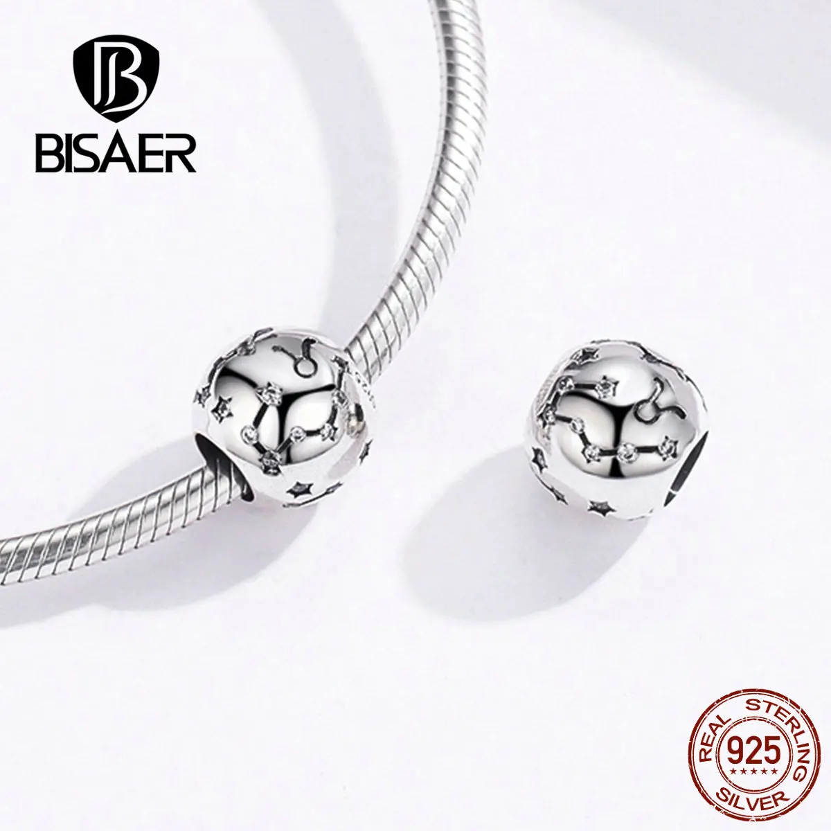 BISAER 925 пробы серебро Телец звезда знак зодиака бусины 12 созвездий Шарм подходит талисманы Браслеты DIY ювелирные изделия