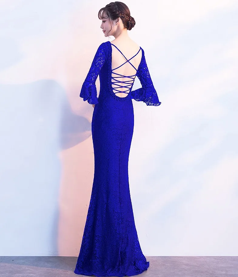 

Women Lace Dress Flare Sleeve Vestidos Verano 2019 Maxi Dress Long Evening Prom Gown V-Neck Cross Back Wedding Party Vestidos