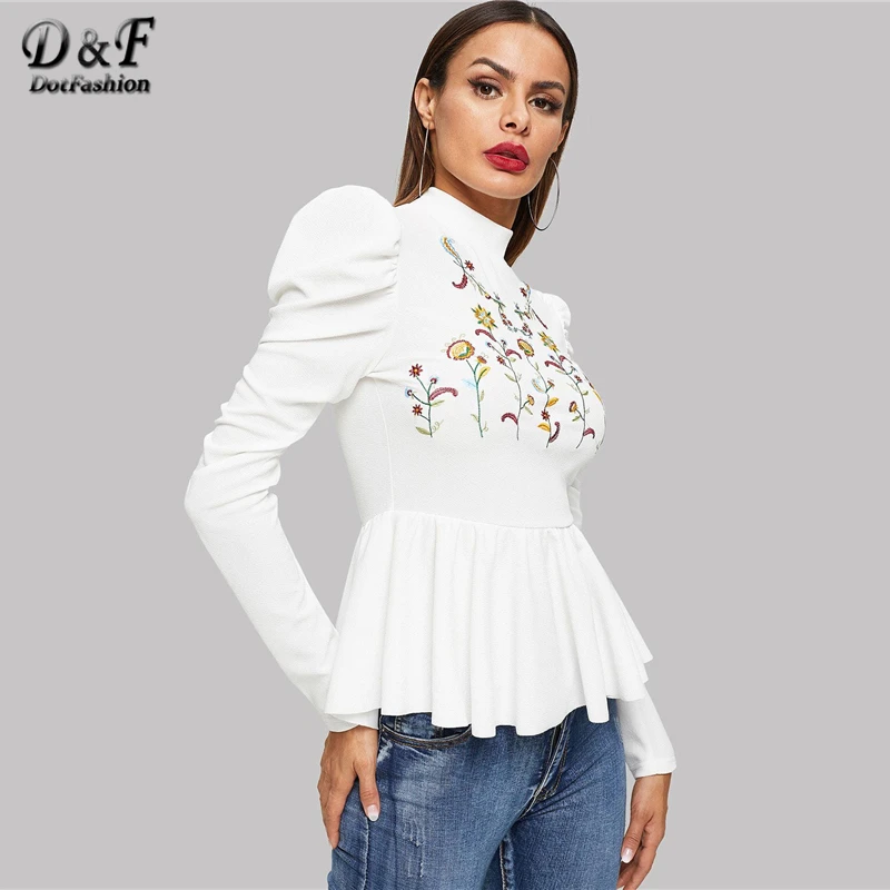 Dotfashion/Женские топы и блузки с вышитыми белыми цветами и рюшами, осенняя одежда, Повседневный пуловер с длинным рукавом, модная рубашка