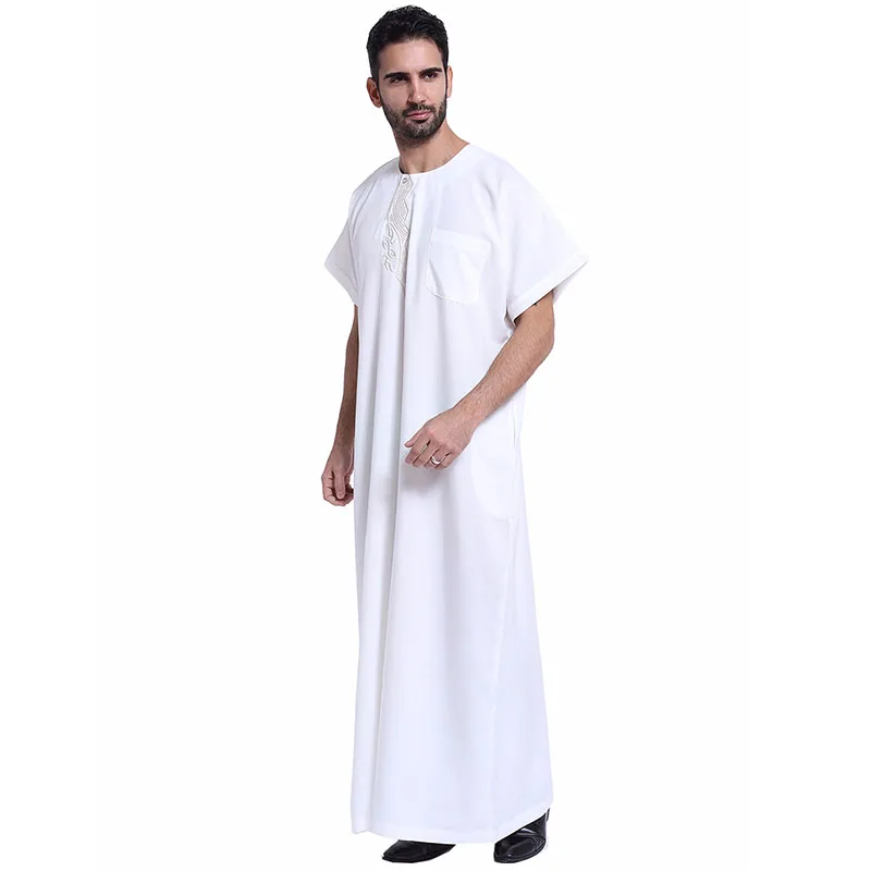 

Ramadan 2019 Arabic Abaya Muslim Kaftan Short Sleeve Adult Pakistan Men O Neck Embroidery Clothing Saudi Arab Male Jubba Thobe