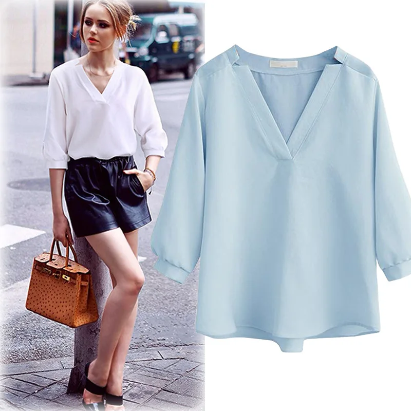 Женская футболка с v образным вырезом Повседневная Свободная Однотонная