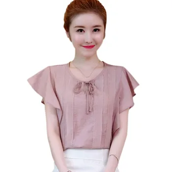 Summer Chiffon Shirt Female Round Neck Bow Tie Lotus Leaf Blouse Women Ruffle Sleeve Short-Sleeved Ladies Tops Plus Size 1