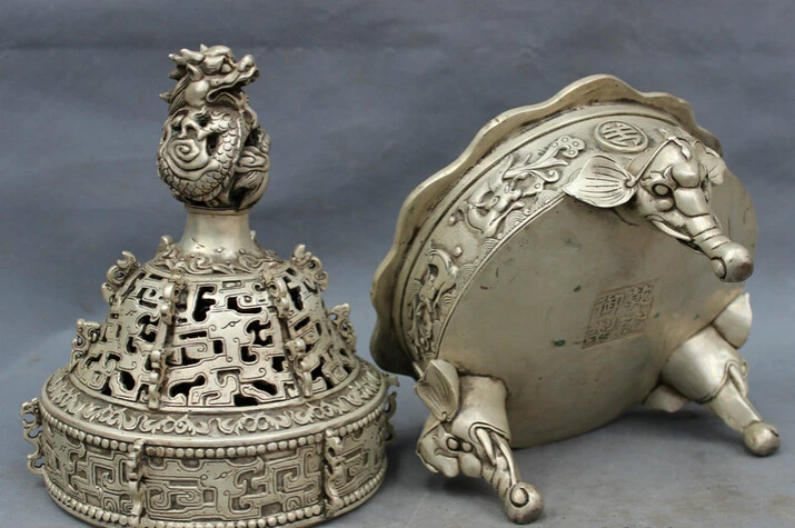 

fast shipping USPS to USA S1496 14" Tibet Silver FengShui Fly Dragon Statue Elephant Head Incense Burner Censer