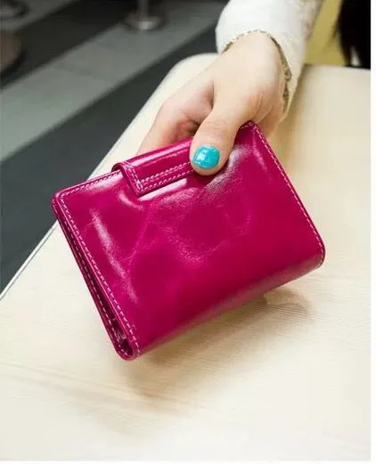 Genuine leather Wallet Woman High quality Oil wax Clutch Slim and Purse Black Purple Brown Hot pink Blue | Багаж и сумки
