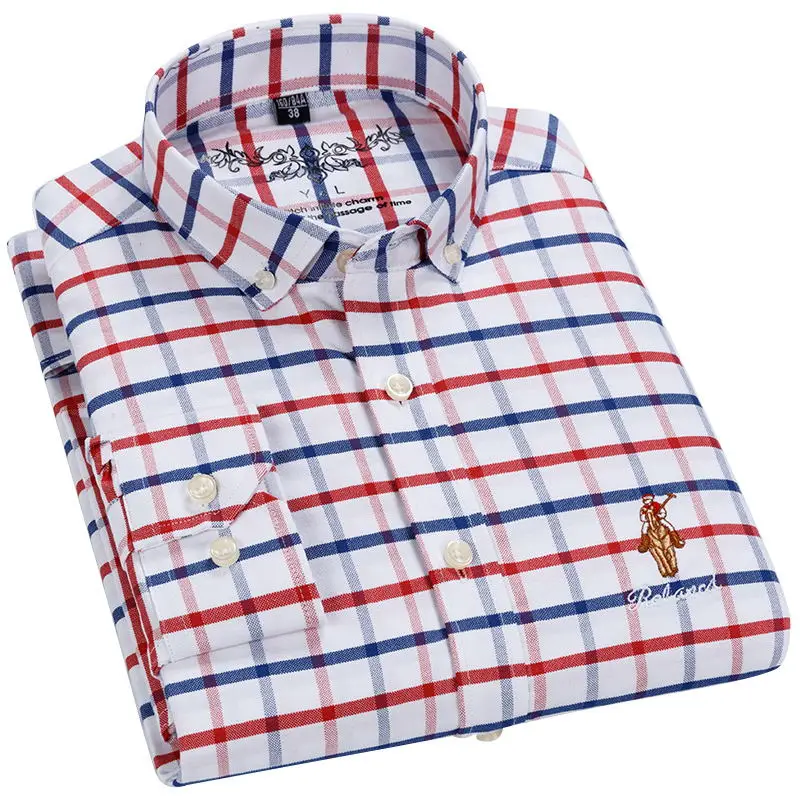 Camisa Masculina 100% Хлопок Клетчатая оксфордская рубашка с левой грудью вышивка умная