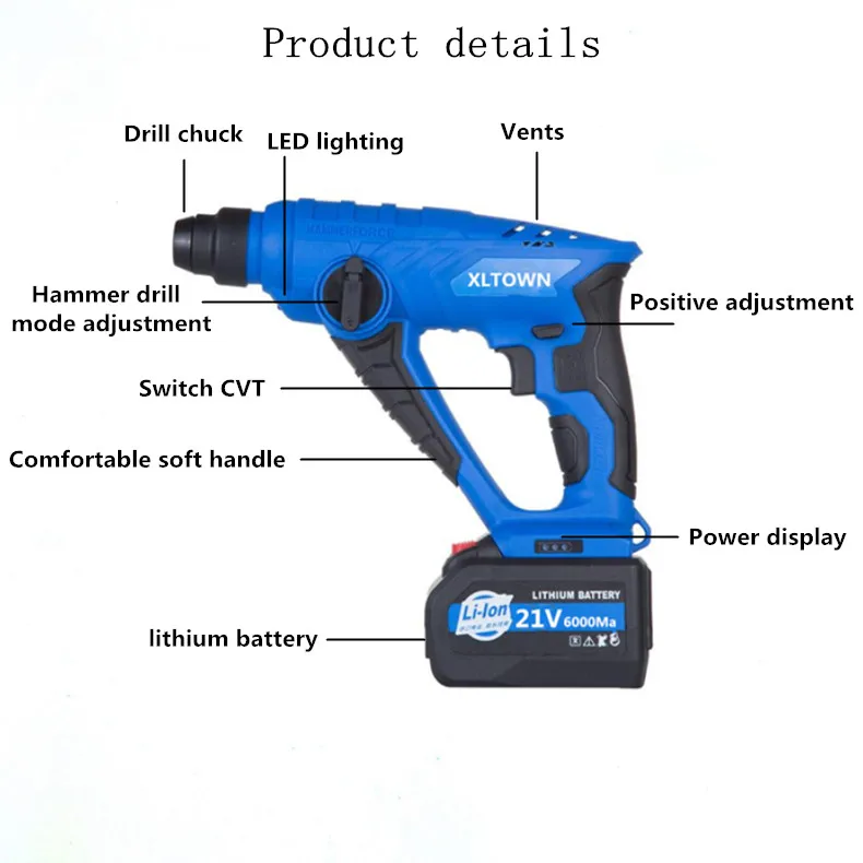 XLTOWN 21V электрический молоток с 2 батареями многофункциональная 6000Mah