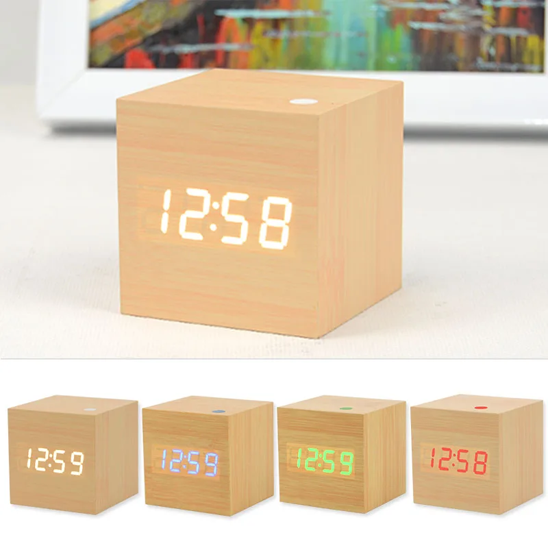 Деревянный квадратный светодиодный Будильник со звуковым управлением