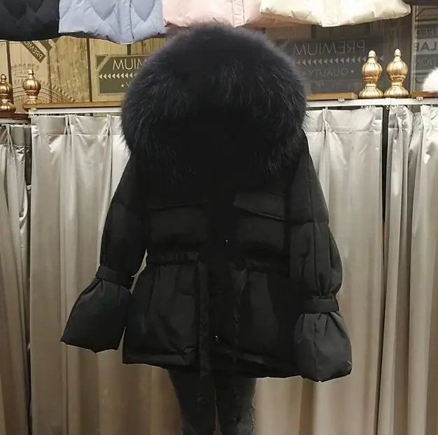 black coat-black fur Новинка, зимнее женское пальто с воротником из натурального меха енота, пуховик с капюшоном, Толстая теплая зимняя верхняя одежда - Цвет: black coat-black fur
