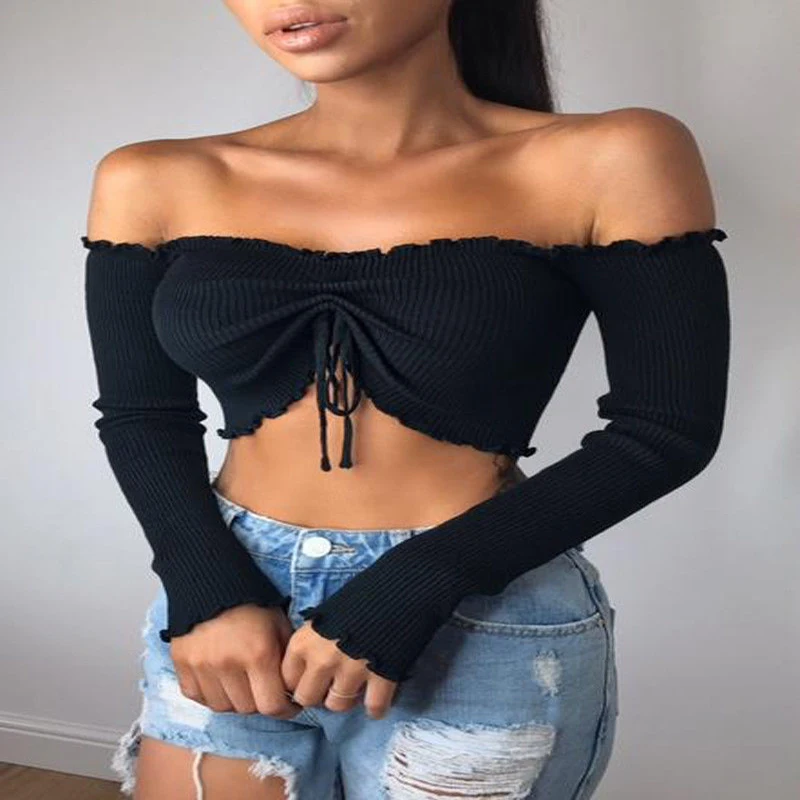 Женский вязаный свитер короткий топ с длинным рукавом и вырезом лодочкой|off shoulder