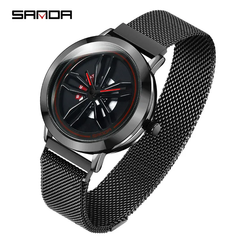 steel black SANDA, кварцевые часы, мужские часы, бизнес бренд, наручные часы, мужские наручные часы для мужчин, часы Hodinky, мужские часы с вращающимся колесным циферблатом - Цвет: steel black