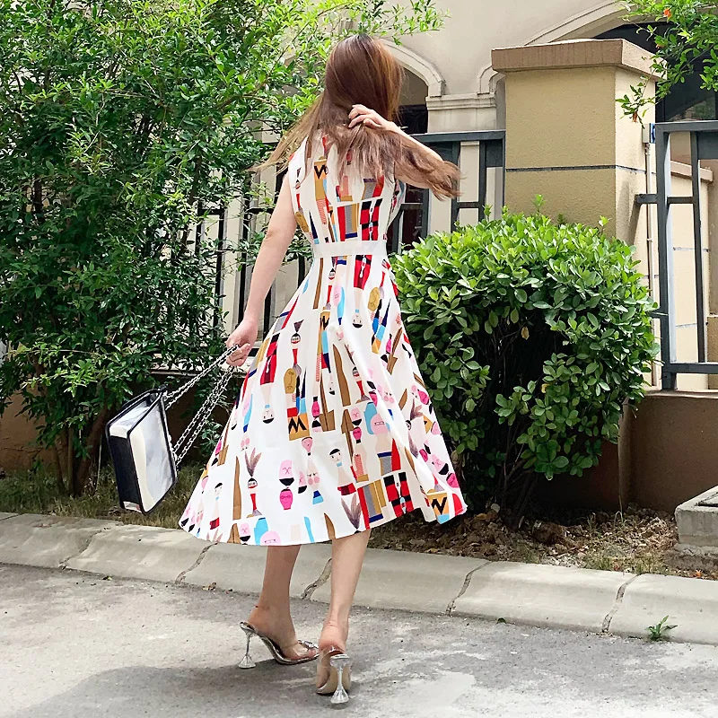 Long Dress High Quality Summer New Women'S Fashion Workplace Party Vintage Elegant Chic Cartoon Print Suit Collar Vest Dresses