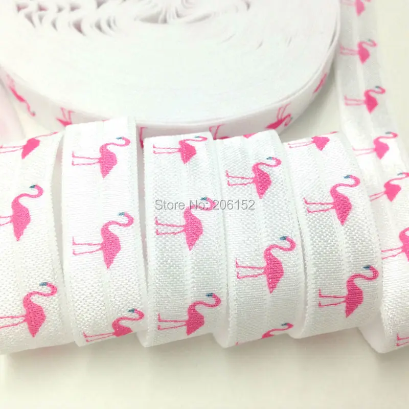 

10yards/lot 5/8" Pink Flamingo Print White Fold Over Elastic Cute Flamingo Print FOE Ribbon for DIY Headwear Hair Accessories