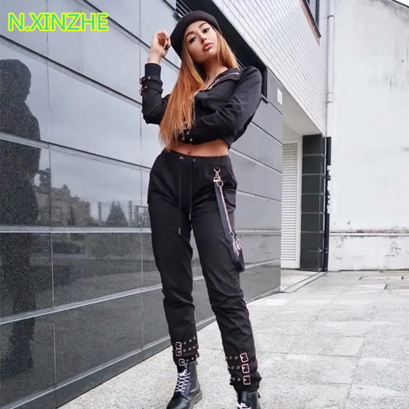 2018 women clothing elastic waist pockets solid cotton capris cargo pants Female fashion casual loose straight trousers K1994 | Женская