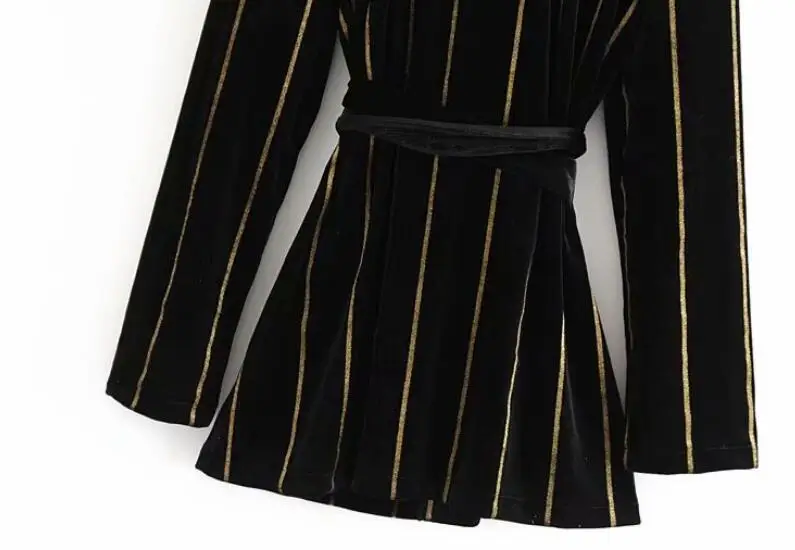 2019 полосатый принт основной велюр прилив лук пояса пальто Винтаж для женщин Turn-Down