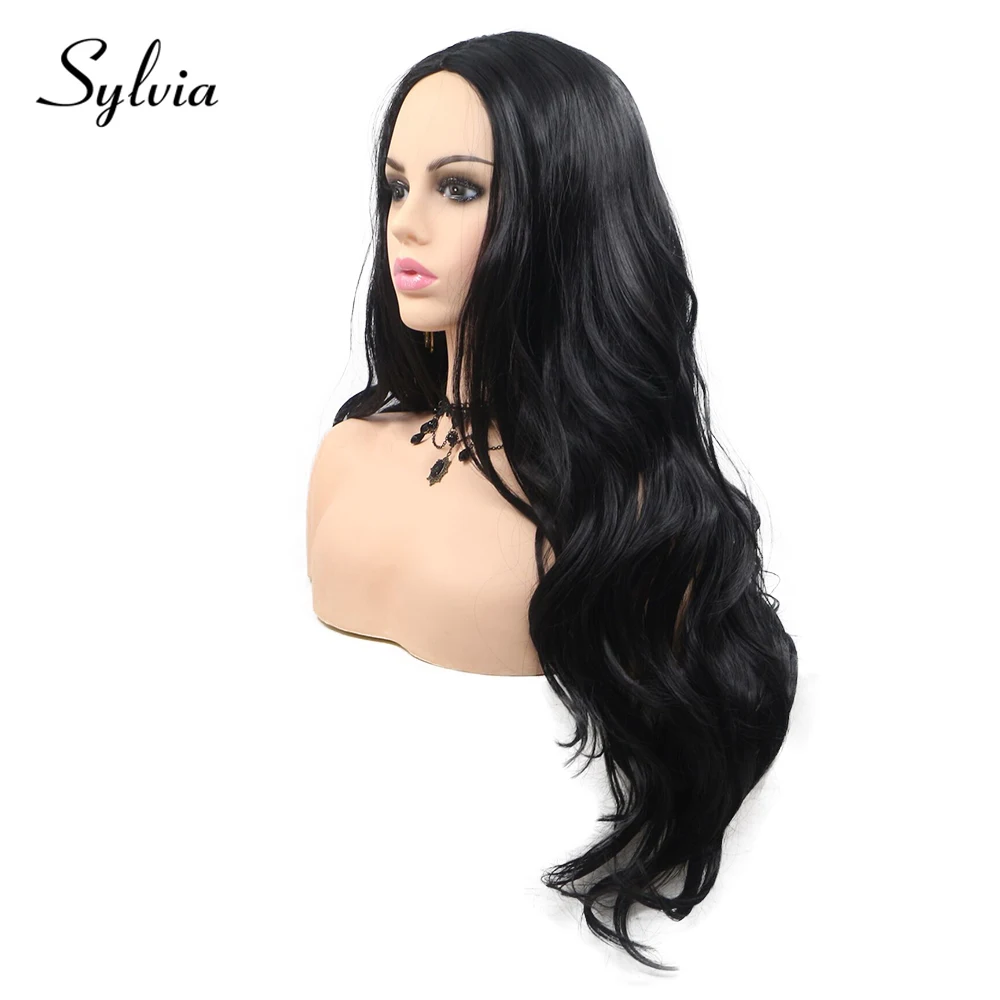 Sylvia 1b# естественная волна синтетических полный машины парики пробор черные кружева бесклеевого жаропрочных волокно волос