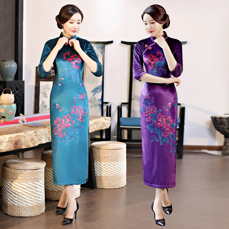 2018 Стильное женское велюровое платье Cheongsam весеннее длинное в китайском стиле с