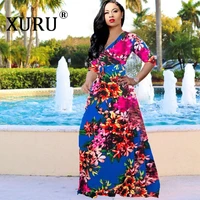 xuru summer new womens printed dress sexy v neck seven point sleeves large dress with belt